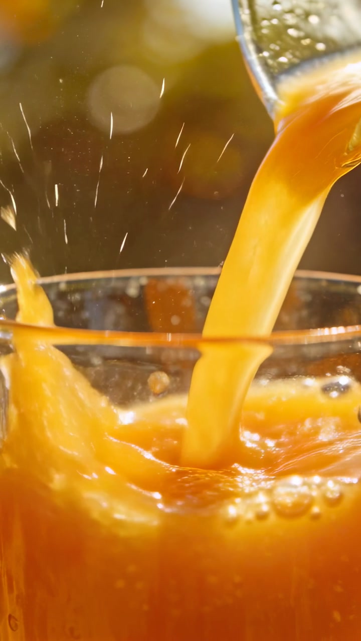 Vertical video: Tipping pitcher pouring orange juice into glass at table to fill glass, making foam