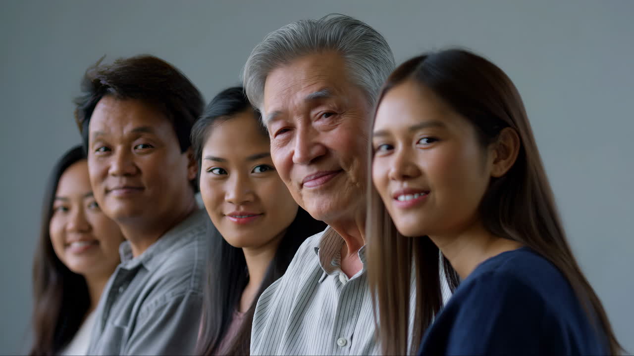 กลุ่มครอบครัวชาวเอเชียหลายชั่วอายุคนกำลังยิ้มและมองกล้อง