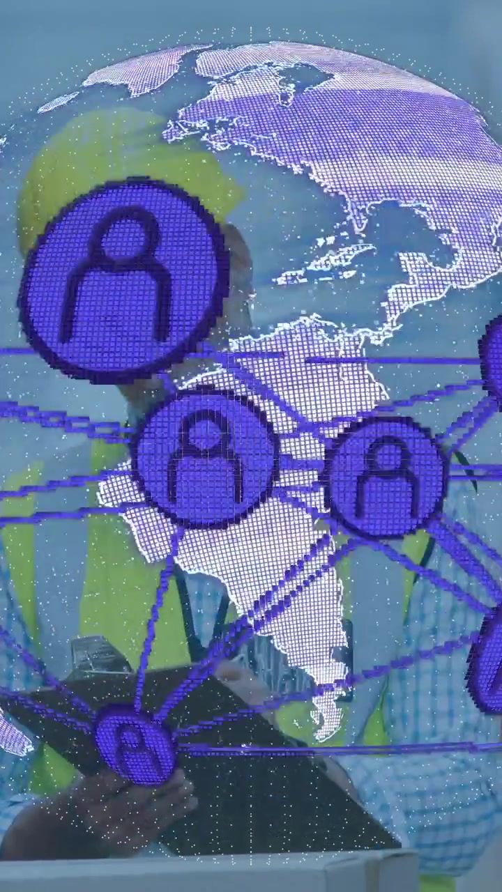 Tablet activating AR globe, site lead tapping while rotating purple nodes and checking connectivity