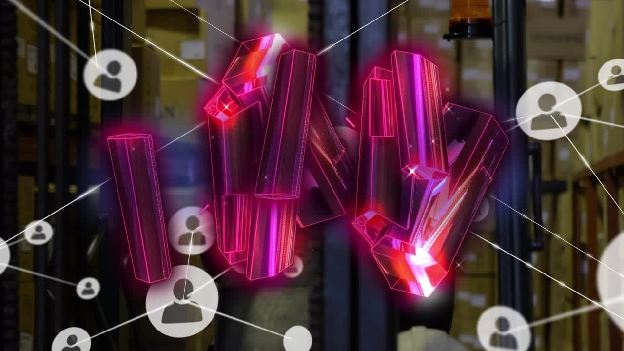 animación de bloques rosados y red de conexiones con iconos sobre el hombre que trabaja en el almacén