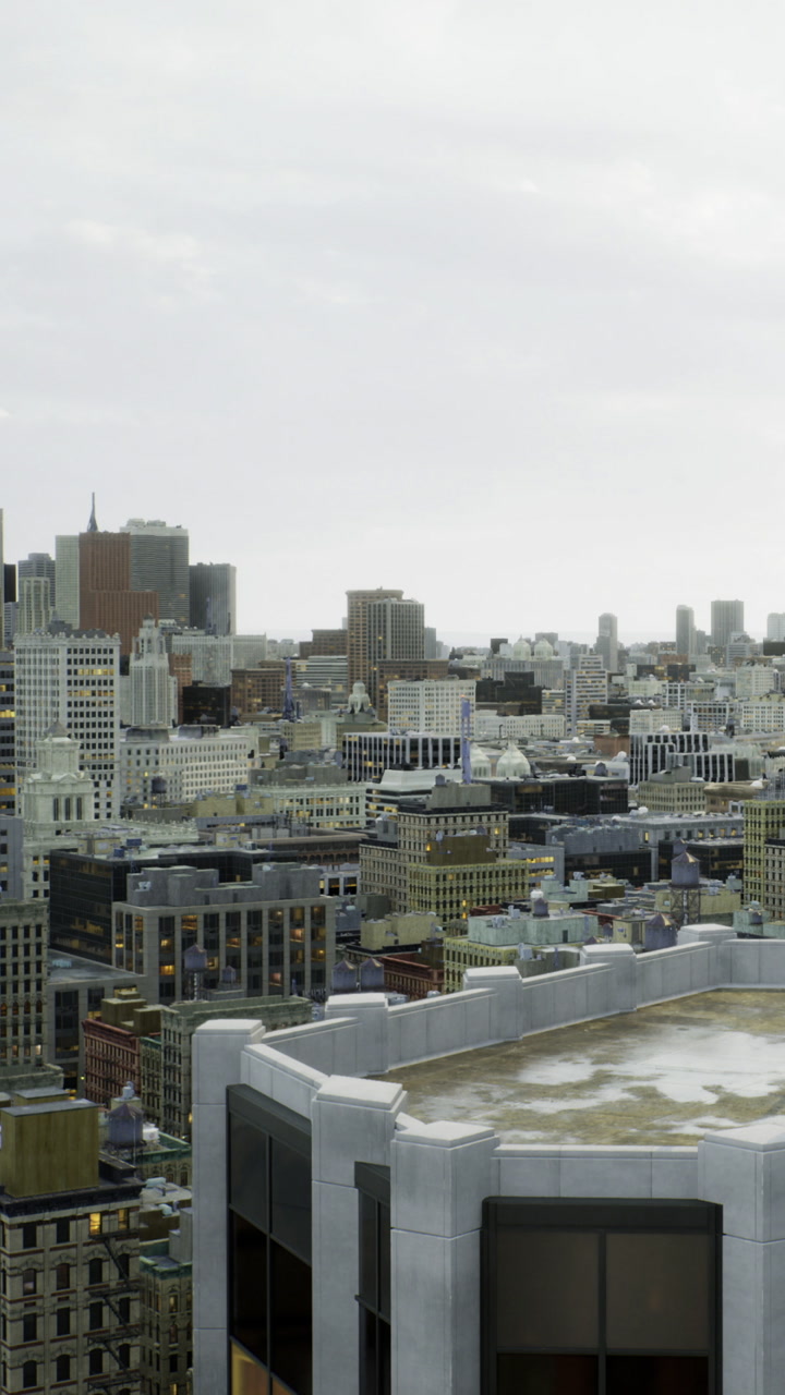 City skyline view at dusk with rooftops and distant buildings illuminated
