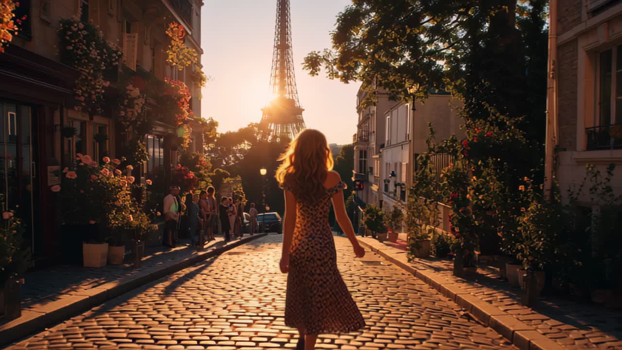 Imagens cinematográficas de uma jovem caminhando por uma charmosa rua de paralelepípedos em direção à Torre Eiffel na hora dourada, com luz solar quente, flores e vida urbana.