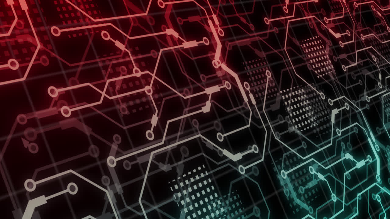 animación de formas rojas que se mueven sobre una red de conexiones.