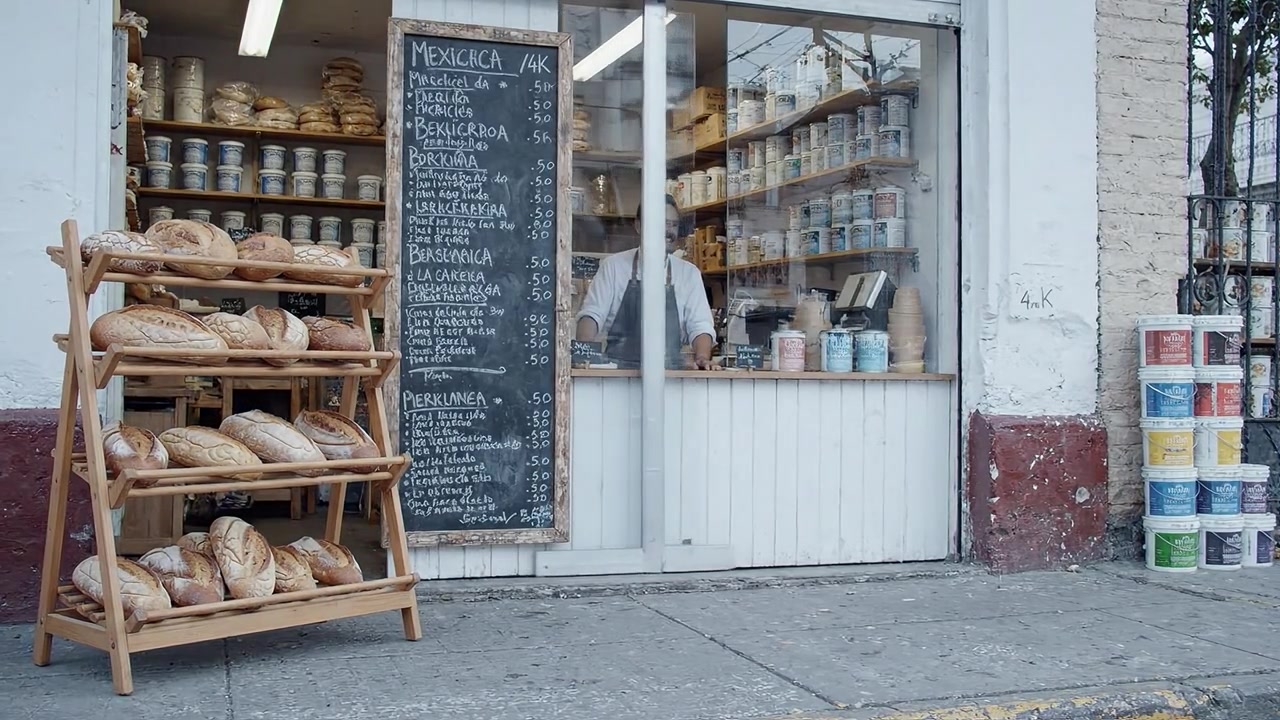 Charming Bakery Display with Fresh Bread, Friendly Baker, and Handwritten Menu in a Welcoming Atmosphere, Perfect for Artisanal Food Lovers and Local Shoppers
