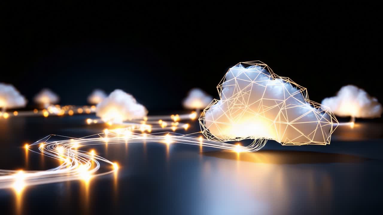 Futuristic Cloud Interface: A High-Tech Visualization of Networked Clouds with Glowing Paths Representing Data Flow in a Digital Landscape