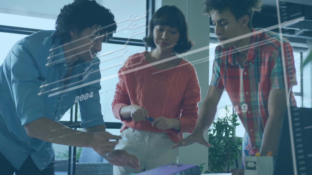 Discussing project, three colleagues with data processing animation overlay in office