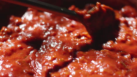 cocinando una sabrosa salsa de tomate en cámara lenta de cerca