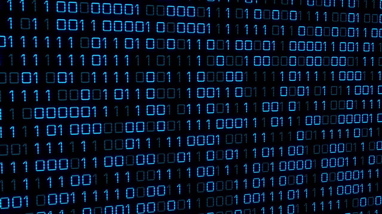 Animation of blue binary code changing on black background