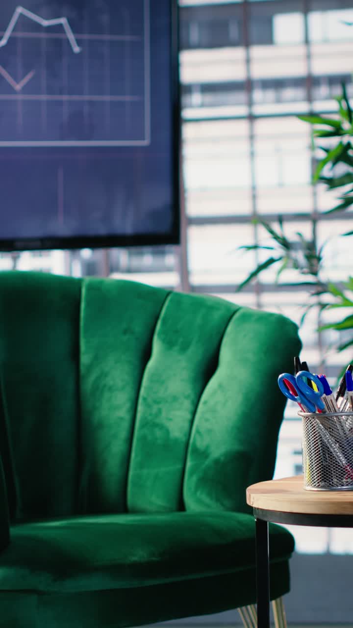 Vertical Video Empty office setup with modern furniture emphasizing preparation for conference