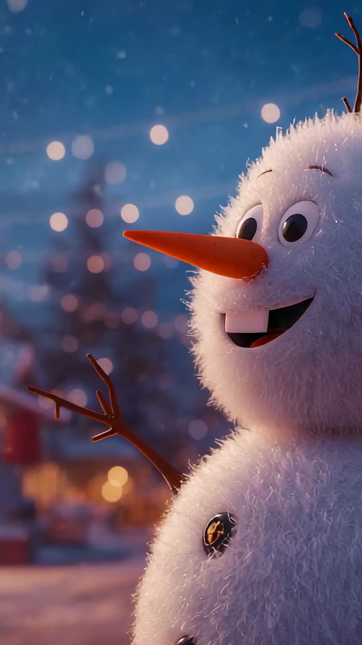 Vertical video: Snowman pivoting, waving twig arms in village plaza with lights and falling snow