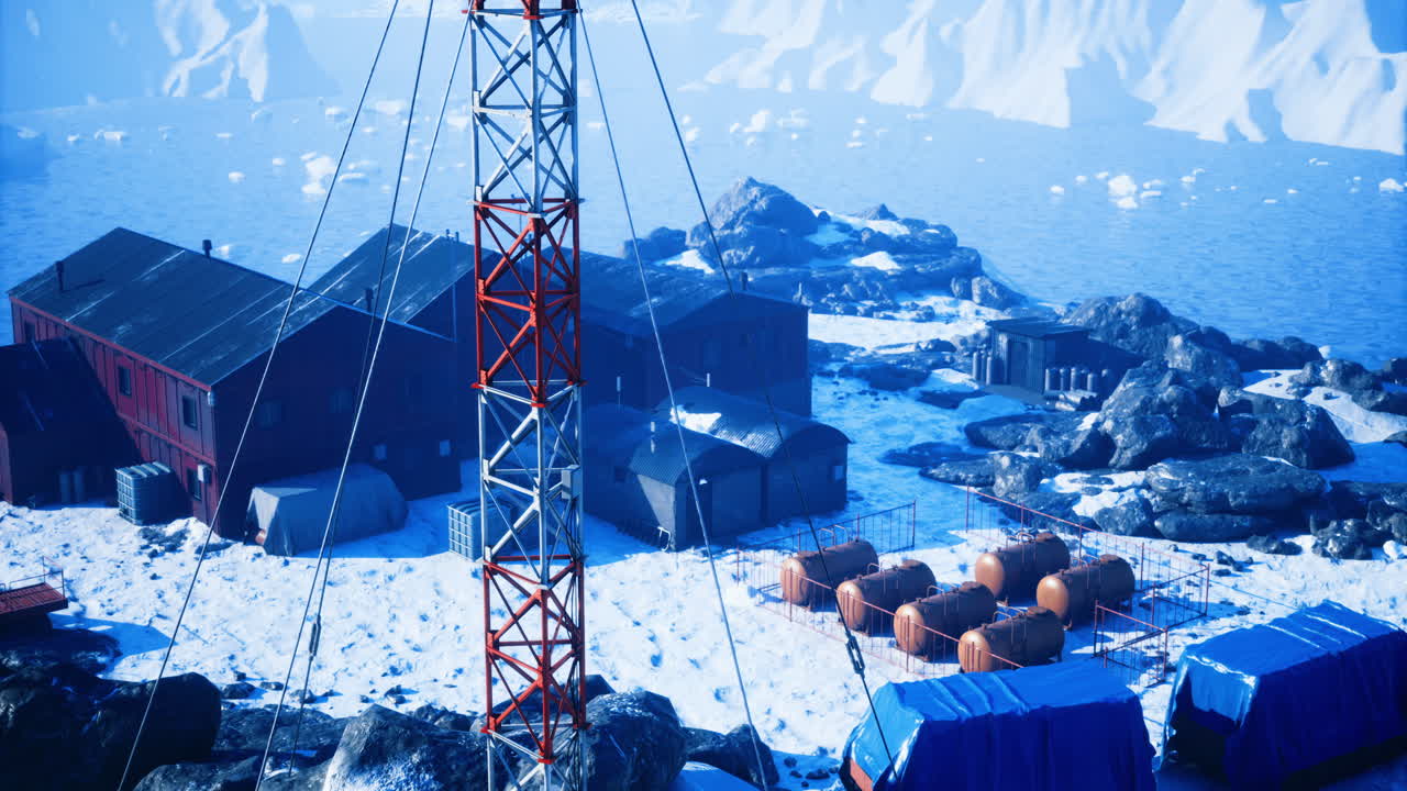 Scientific research station located in a remote icy landscape during daylight