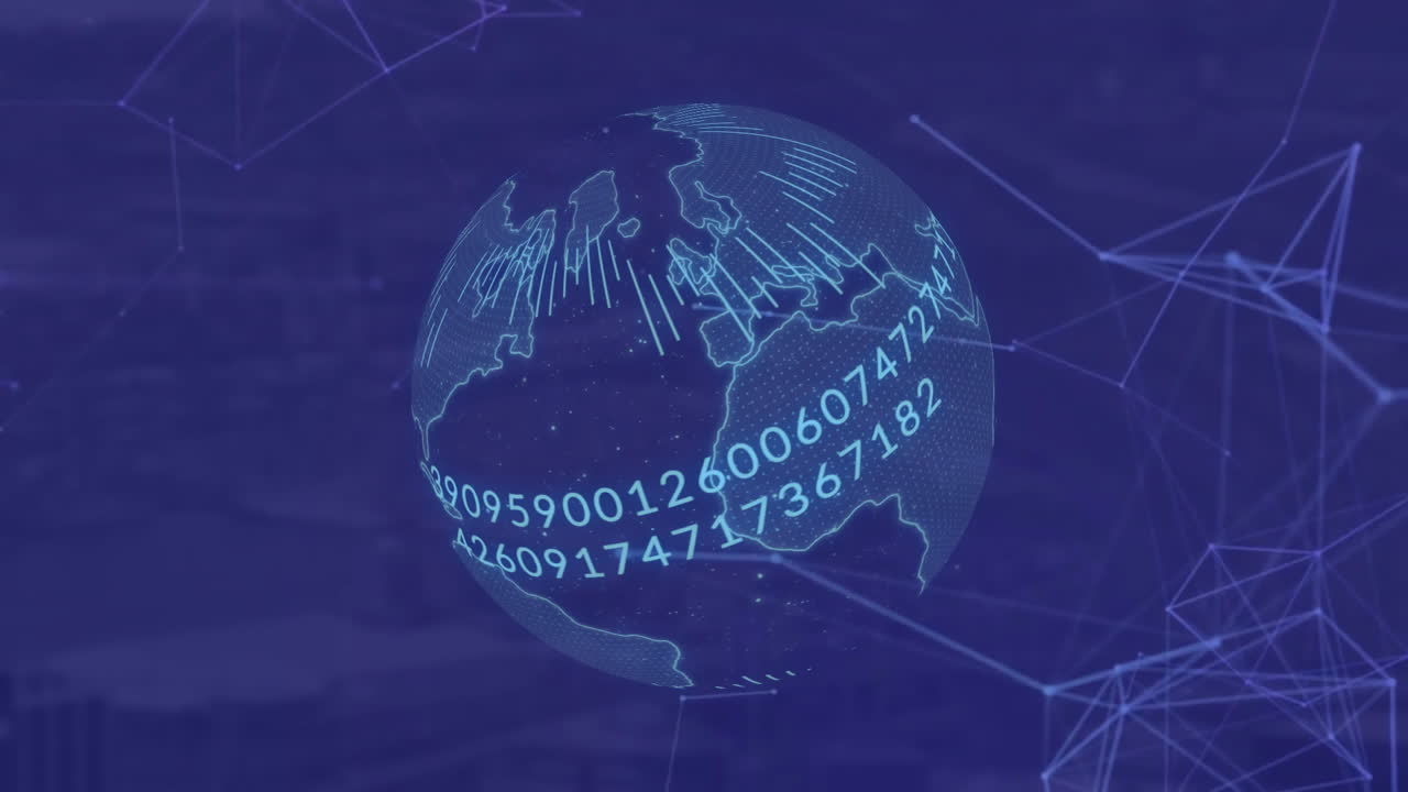 Animation of changing numbers on rotating globe and connected dots over black background