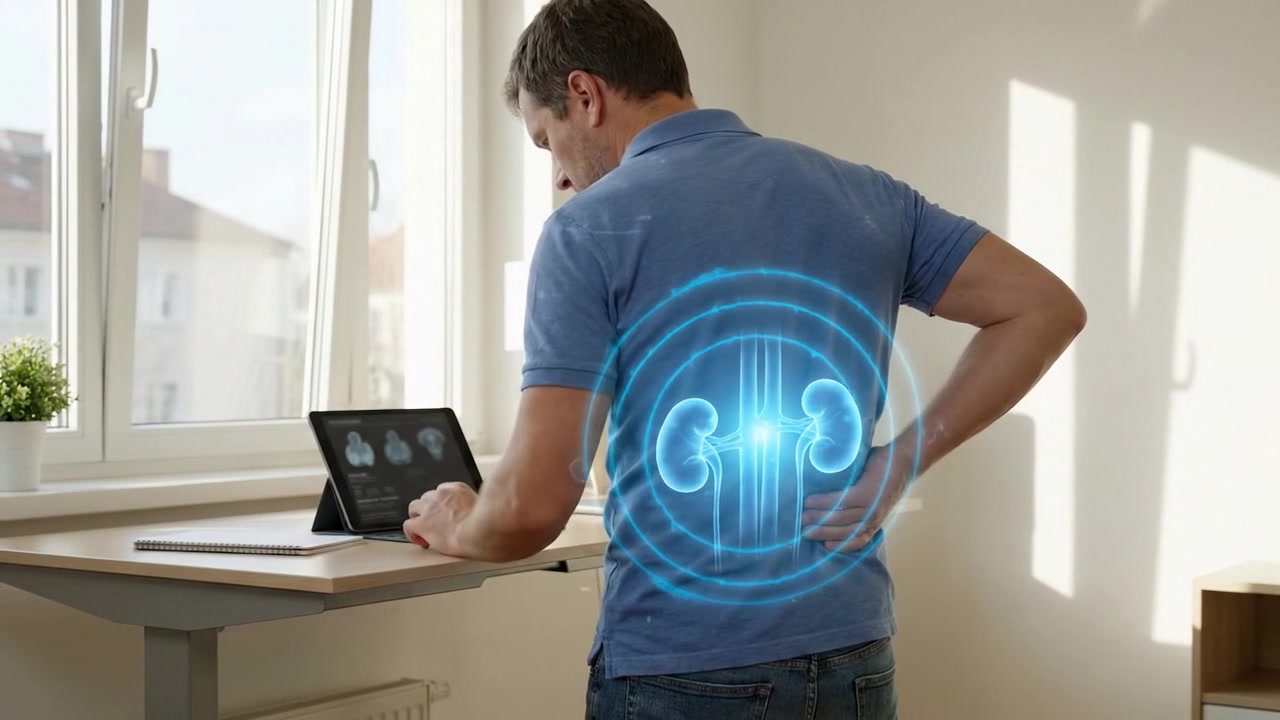 Man working on laptop while holding lower back with glowing kidney overlay
