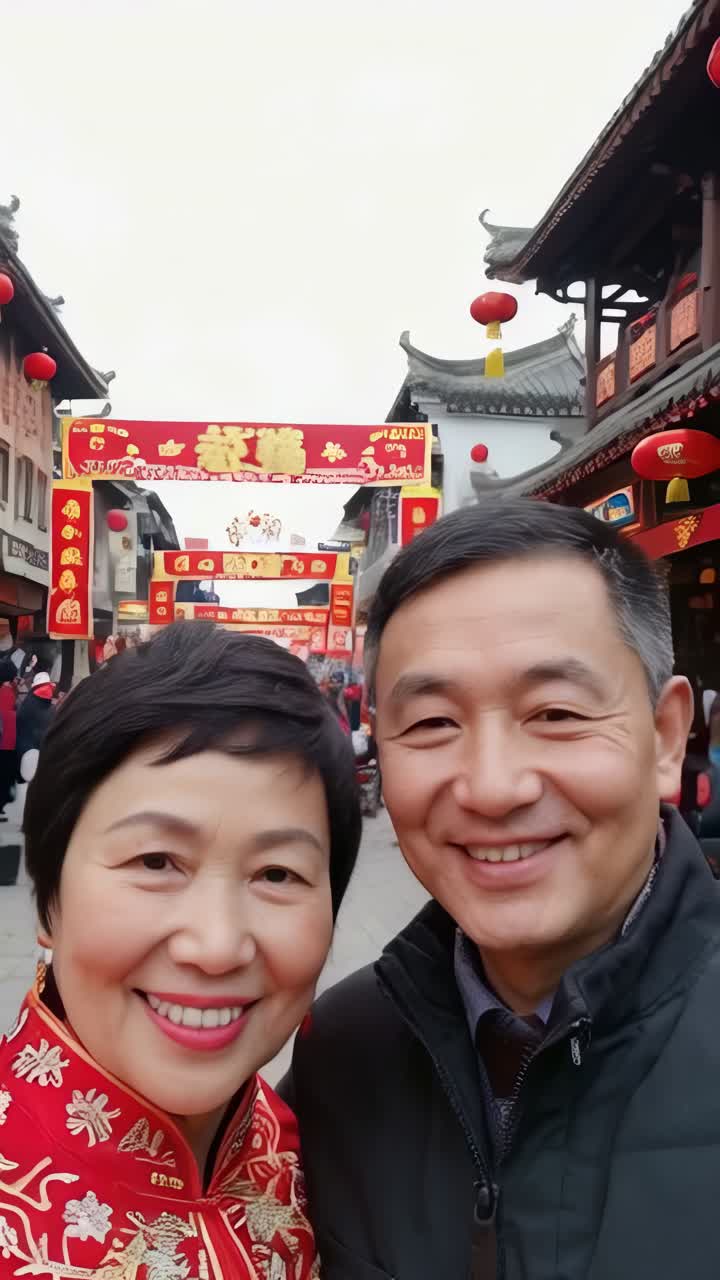 Happy Asian couple taking a selfie during Chinese New Year celebrations on the street.