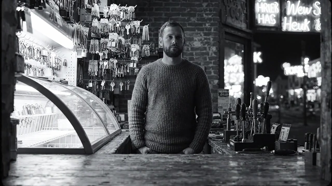 Un momento contemplativo in un'antica bottega di chiavi, che mostra un uomo in piedi dietro il bancone circondato da una serie di chiavi e decorazioni nostalgiche sotto una luce soffusa.
