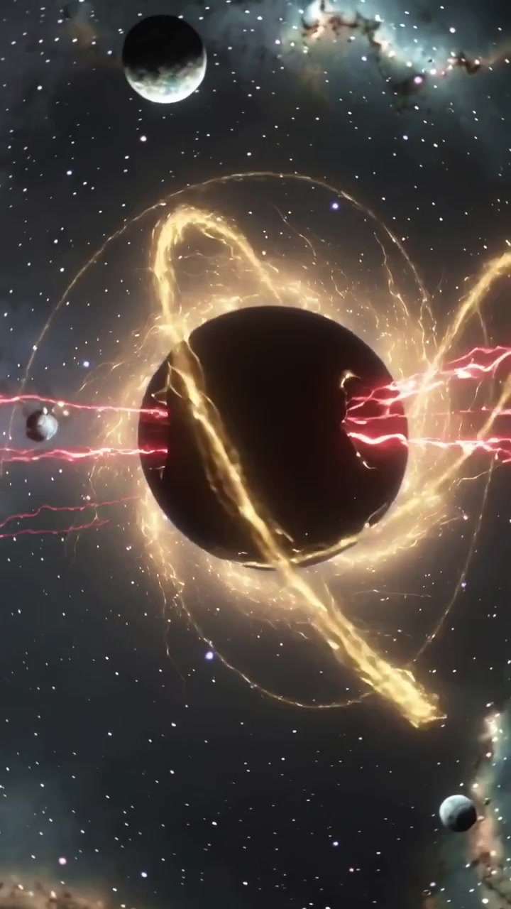 Vertical video: Sparking red arcs causing dark sphere forming rifts in space, golden ring and moons