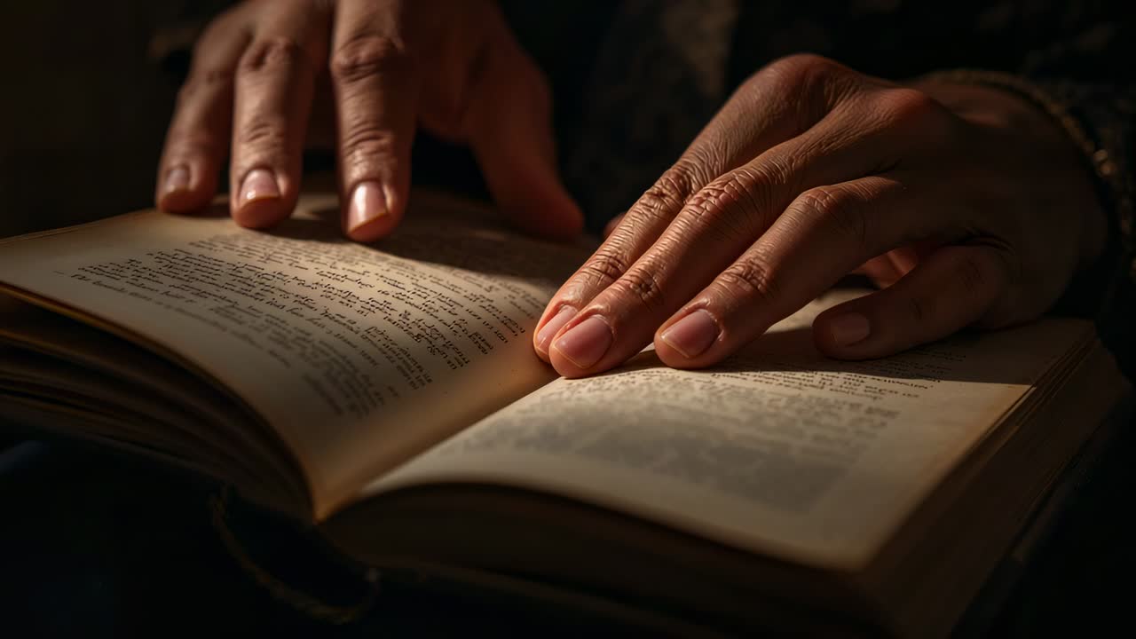 Sliding from rest, reader's finger tracing book pages on desk, dark cuff guiding turn under lamp