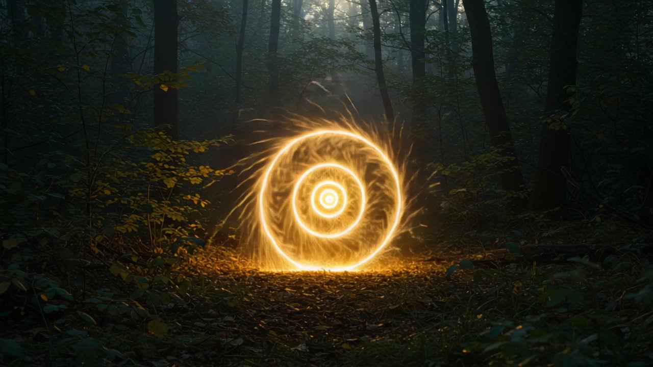 A Magical Spiral of Sparks Illuminating a Misty Forest Path, Captured in Two Stunning Moments of Time, Showcasing Nature's Dark Beauty and Enchanted Light Effects