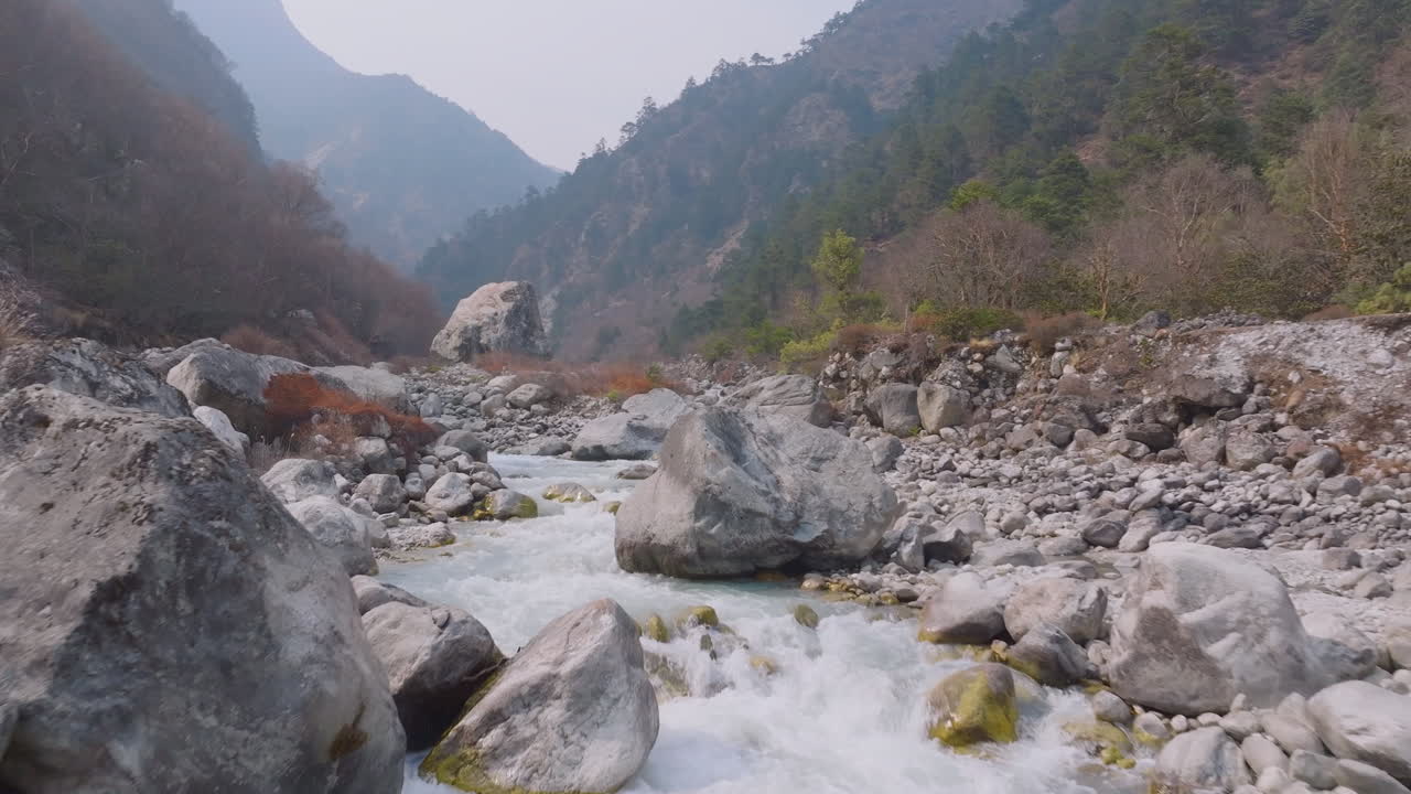 Aerial view of Dudh Koshi River flowing through Sagarmatha landscape, surrounded by hills, trees, and boulders peaceful Everest base camp travel experience in Nepal tourism