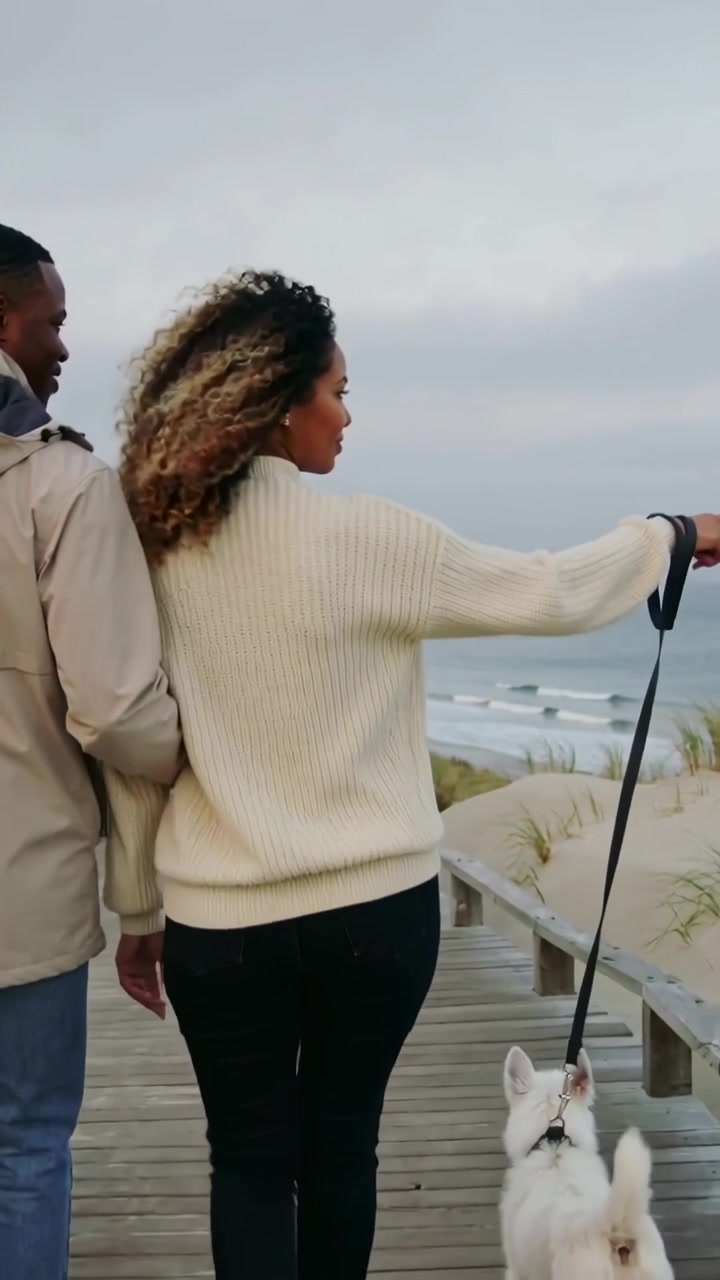 Vídeo vertical: Casal andando de jaqueta no corrimão do calçadão, apontando para ver o mar, cachorro na coleira.