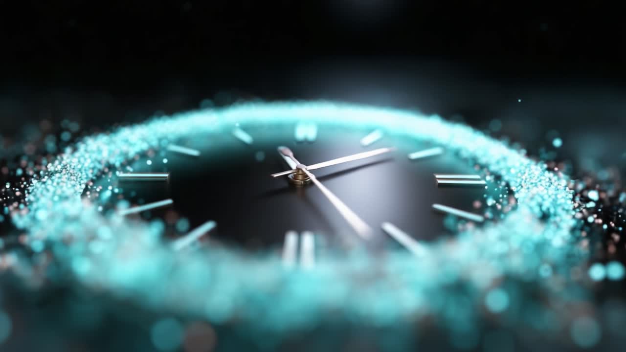 Exploring the Enigmatic Beauty of Time: A Close-Up View of an Elegant Clock Surrounded by Sparkling Particles and a Hypnotizing Color Palette
