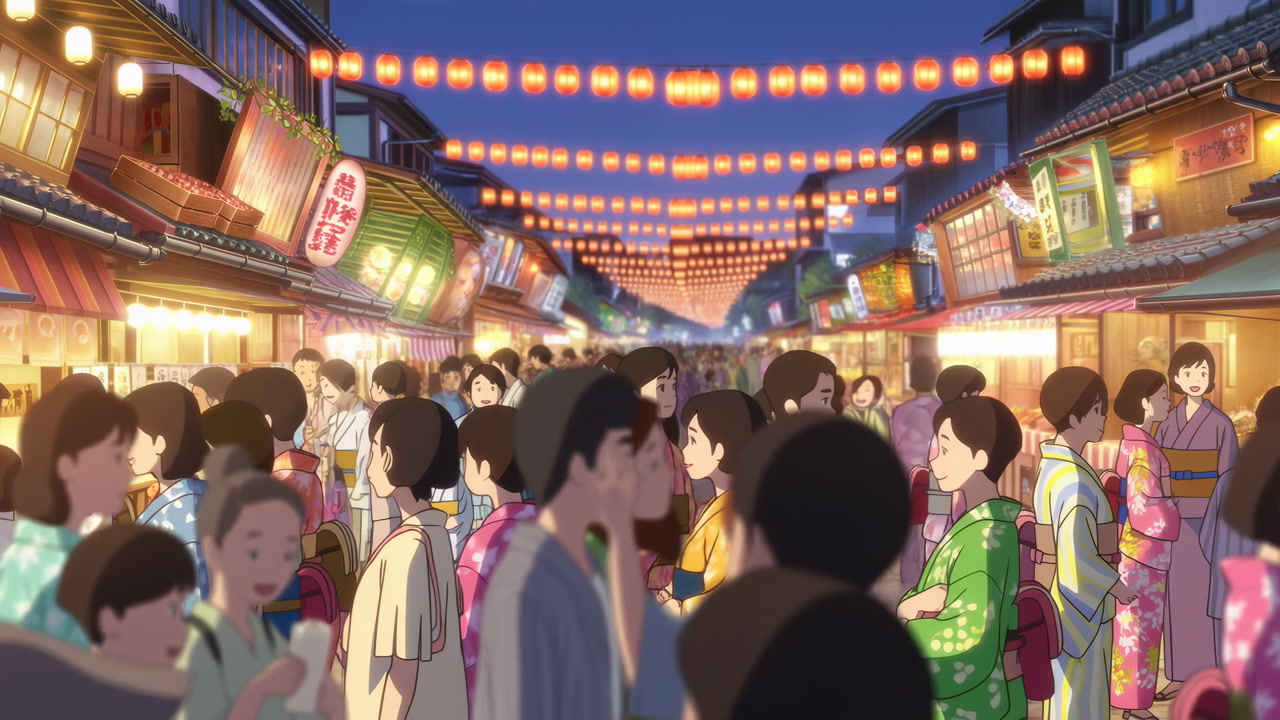 Lantern Lit Festival Street At Dusk, Yukata Clad Attendees Wander Between Food Stalls And Lanterns, Warm Glow
