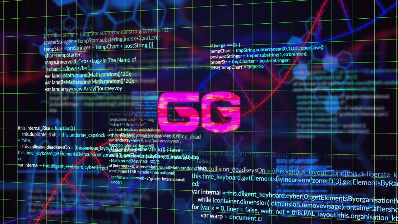 animación de texto de 5g que superpone código de programación y visualización de datos en la pantalla