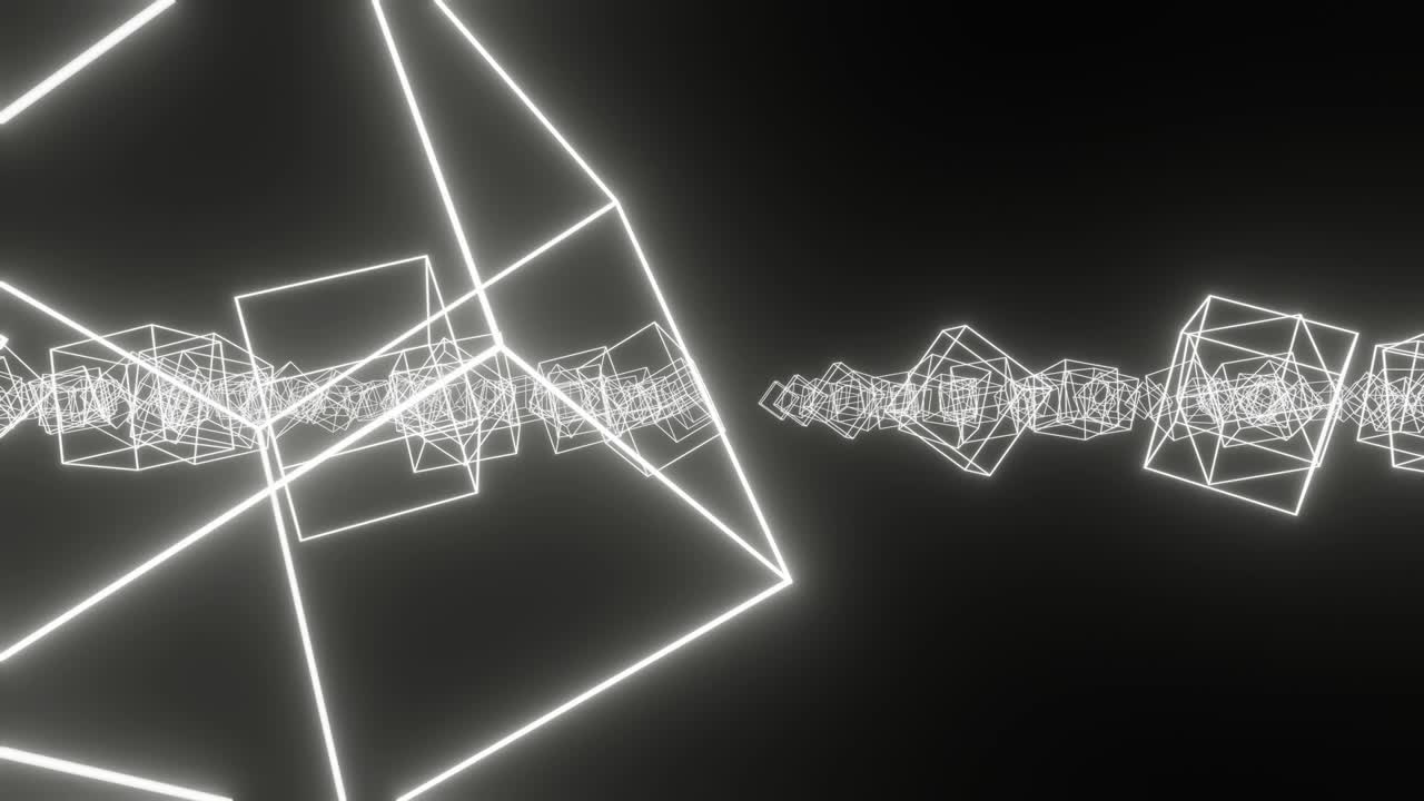 cubos blancos con bordes brillantes de neón en un fondo negro. concepto creativo simple movimiento gráfico sin costuras de bucle fondo animado