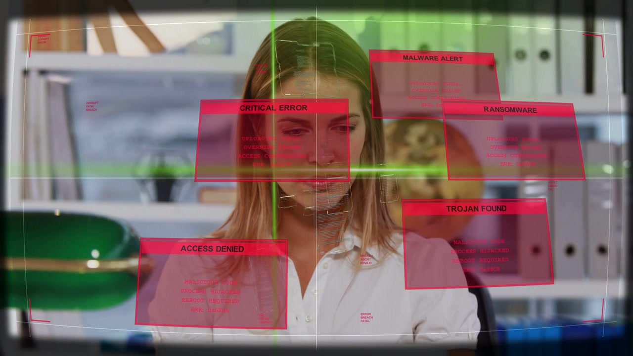 Office worker watching laptop as scan starting, HUD showing red malware alerts warning tech team