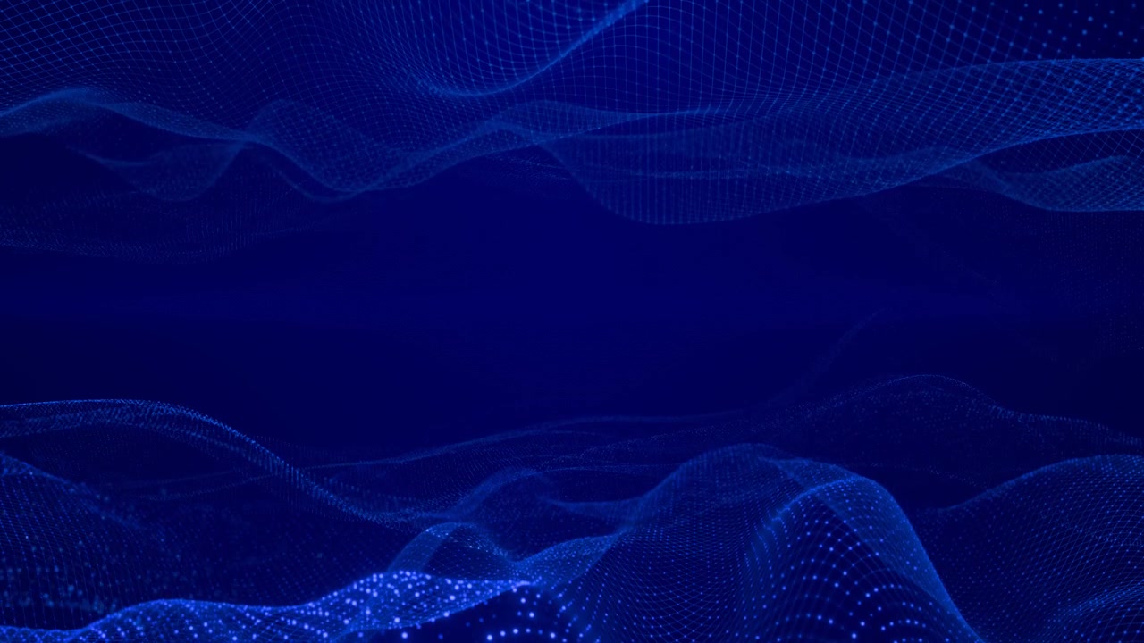 Sfondo astratto a onde di particelle digitali blu con griglia di rete cibernetica