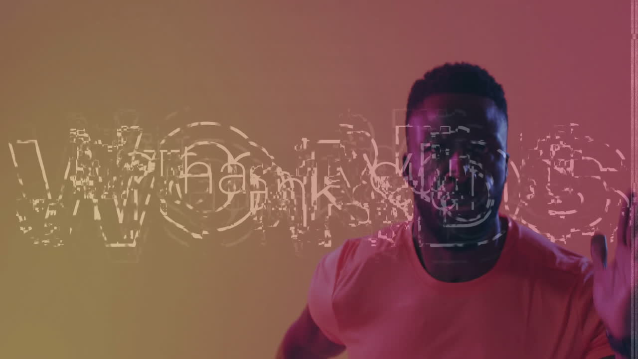 Standing man with animation glitch effect text Thank You on colorful background