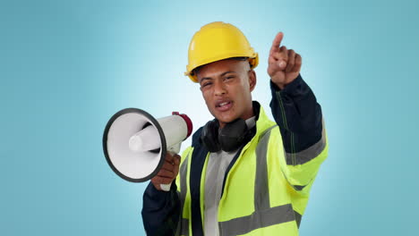 Builder-man,-megaphone-and-shout-in-studio