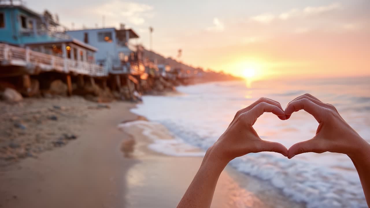 Um Lindo Pôr do Sol na Praia Capturado Através de um Gesto em Forma de Coração com as Mãos, Representando Amor e Conexão em um Cenário Costeiro Sereno
