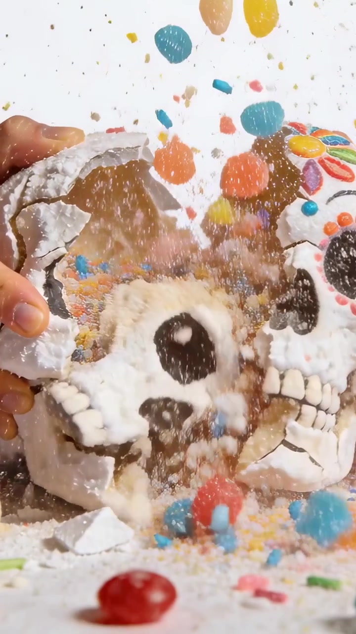 Vertical video: Pulling adult hands splitting two powdered skulls on white table, releasing candy