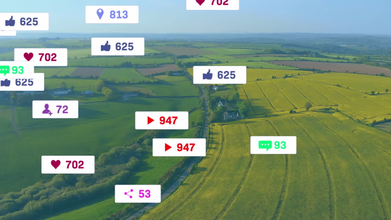 Floating social media icons for likes comments and followers hovering above farmland in flat design