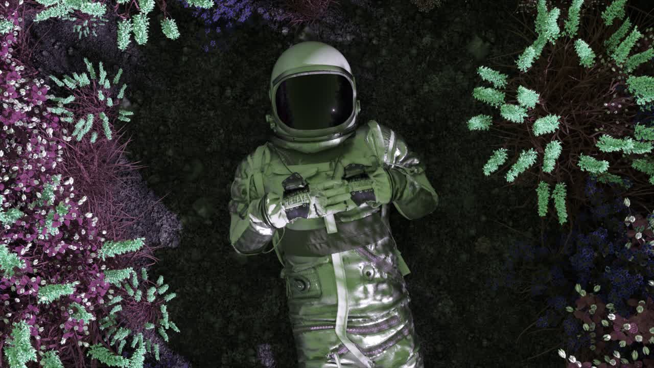 astronauta en un colorido bosque alienígena
