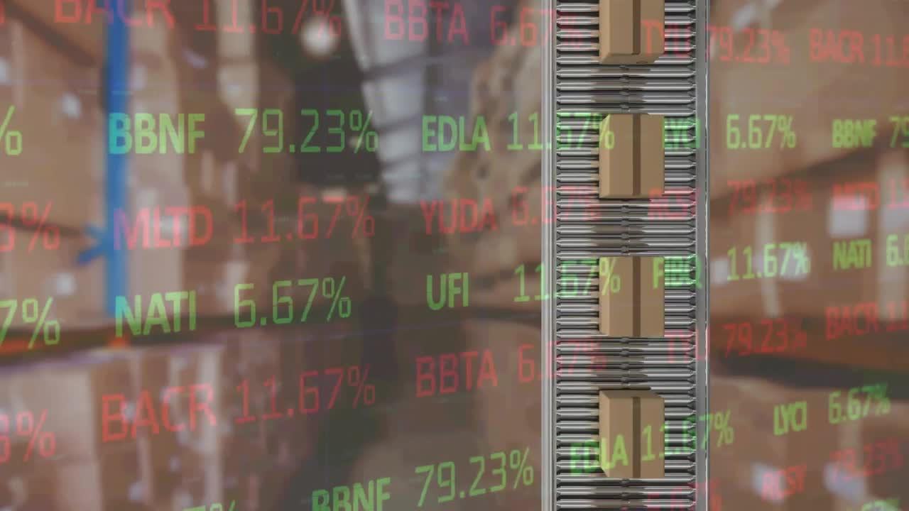 Animation von Finanzdatenverarbeitung über Pappkartons auf einem Förderband