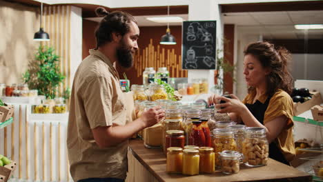 client helped by vendor in supermarket