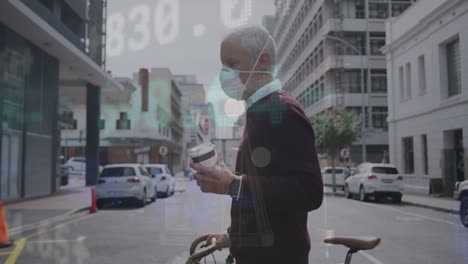 animation of financial data processing over businessman in face mask with bike in city