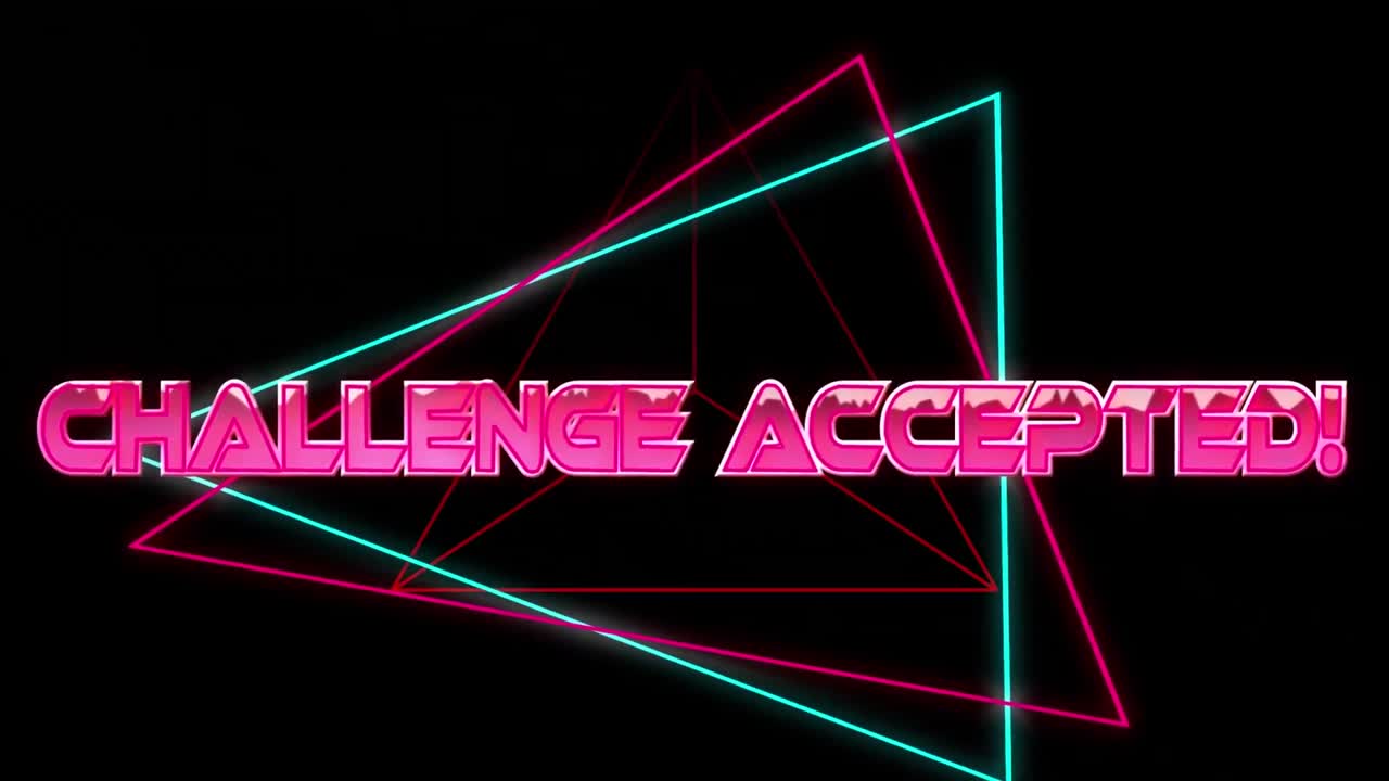 Animation of challenge qaccepted text in pink metallic, over neon lines on black