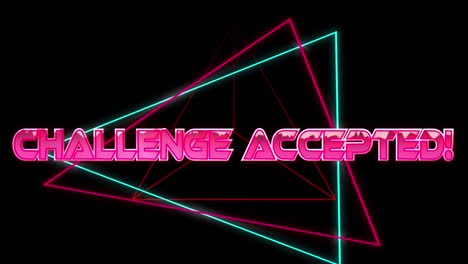 animation of challenge qaccepted text in pink metallic, over neon lines on black