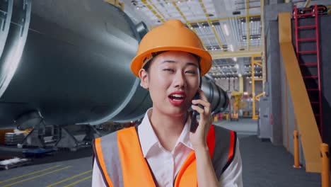 close up of asian female engineer with safety helmet talking on smartphone while standing in pipe manufacturing factory