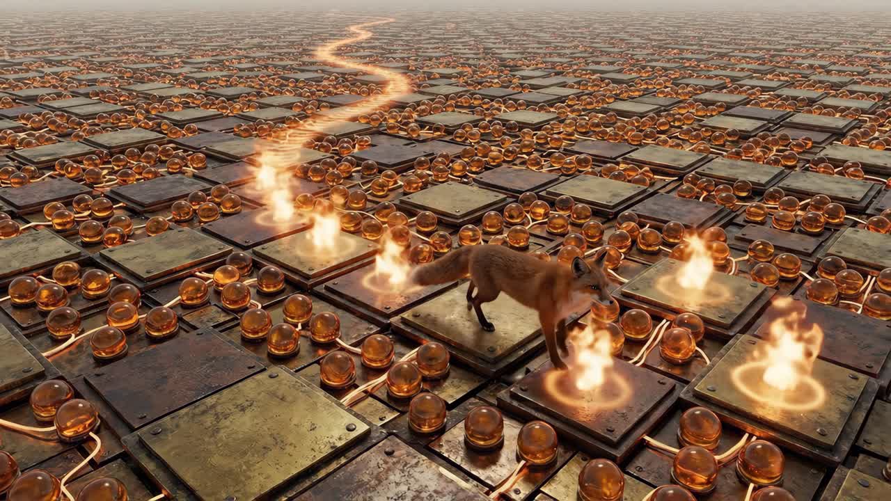 A Fox Standing on a Glowing Digital Grid with Ripples and a Winding Path
