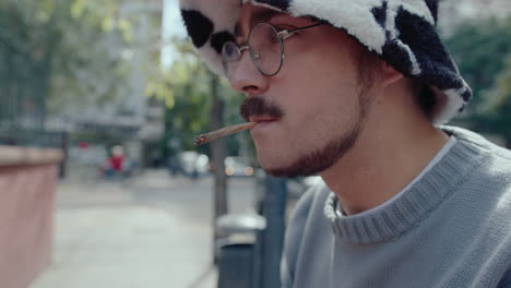young stylish man sitting on street bench and smoking a cigarette