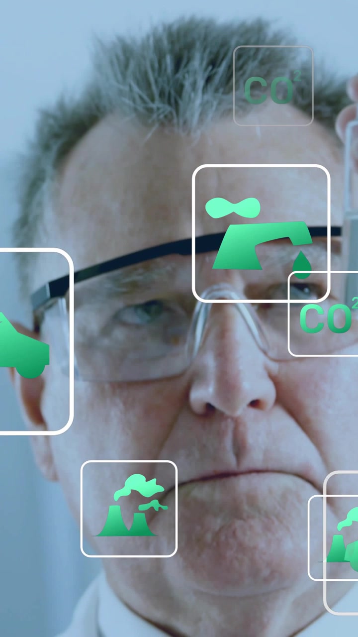 Vertical video: Lab tech holding vial up inspecting while icons drift over face assessing impact