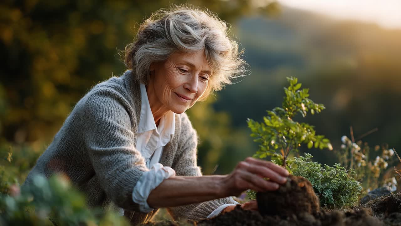 Nurturing Nature: An Elderly Woman Cultivating a Young Plant in a Tranquil Garden, Embracing Sustainable Living and Joyful Connection with the Earth