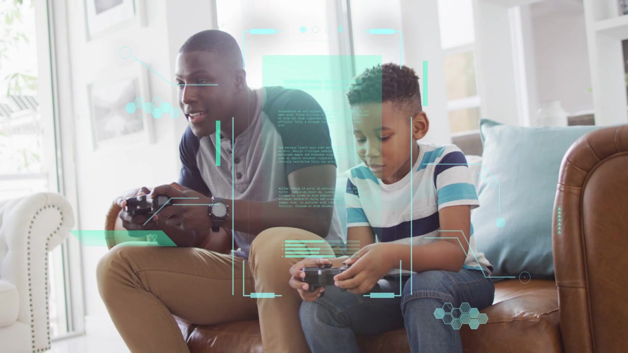 Dad and son sitting sofa pressing buttons, dad leaning reacting to gameplay HUD anchoring over them
