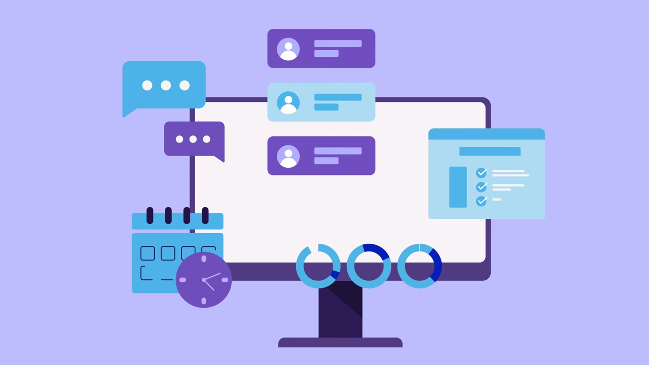 Animated Computer Interface Displaying Productivity and Task Management Icons