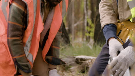 Unrecognizable-ecologist-activists-planting-small-trees-in-the-forest