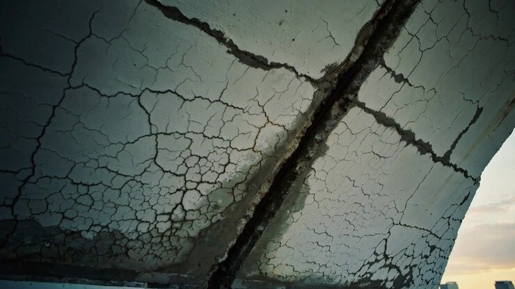 Tilting camera inspecting cracked concrete overhang on rooftop edge, revealing seam sealant skyline